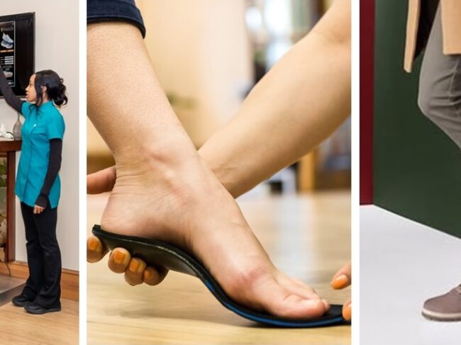 Montage showing Foot Solutions in-store foot assessment, custom arch support and footwear